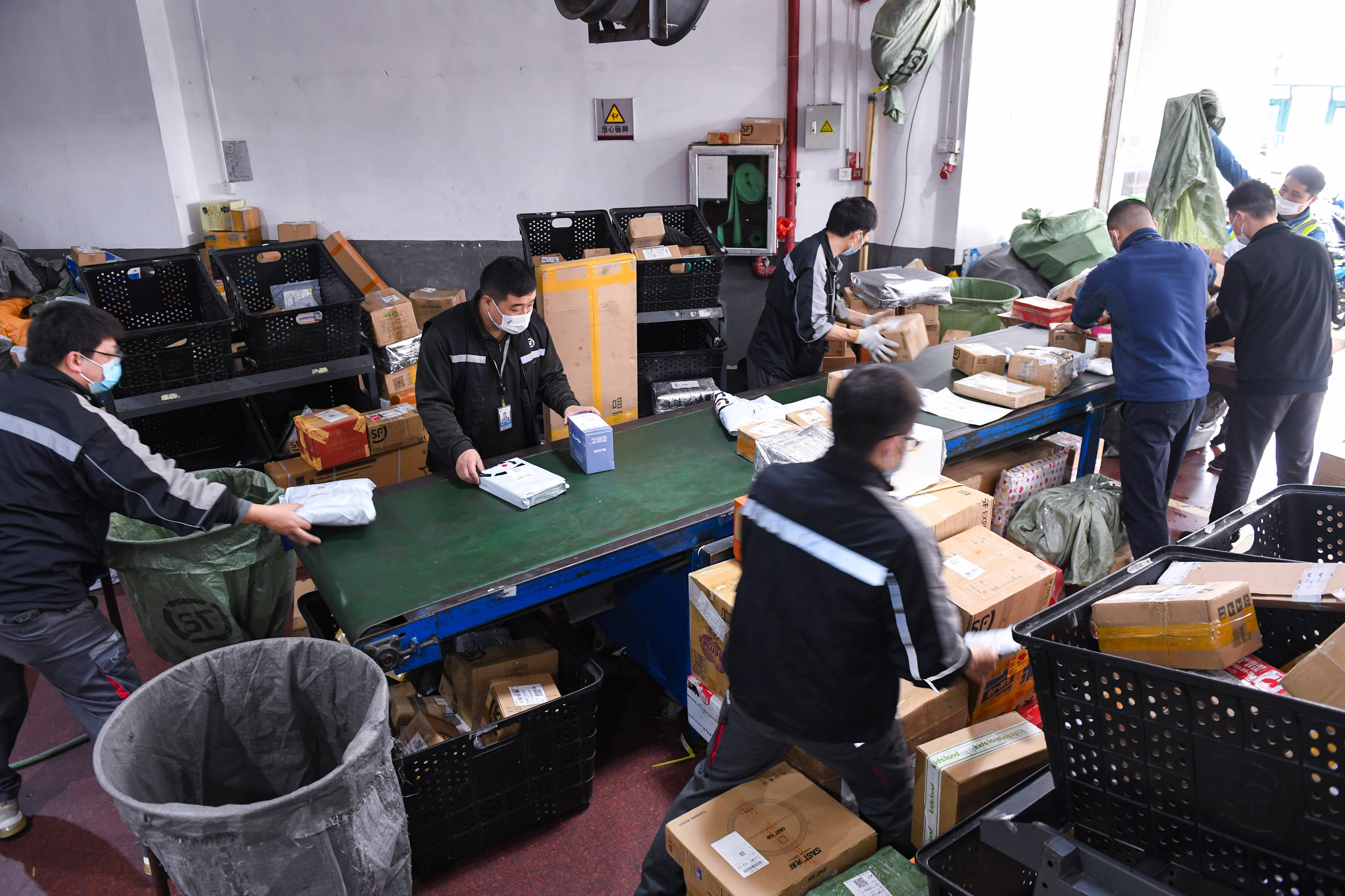 2月10日,在顺丰速运深圳区福星营业部,聂华辰(左二)和同事一起分拣