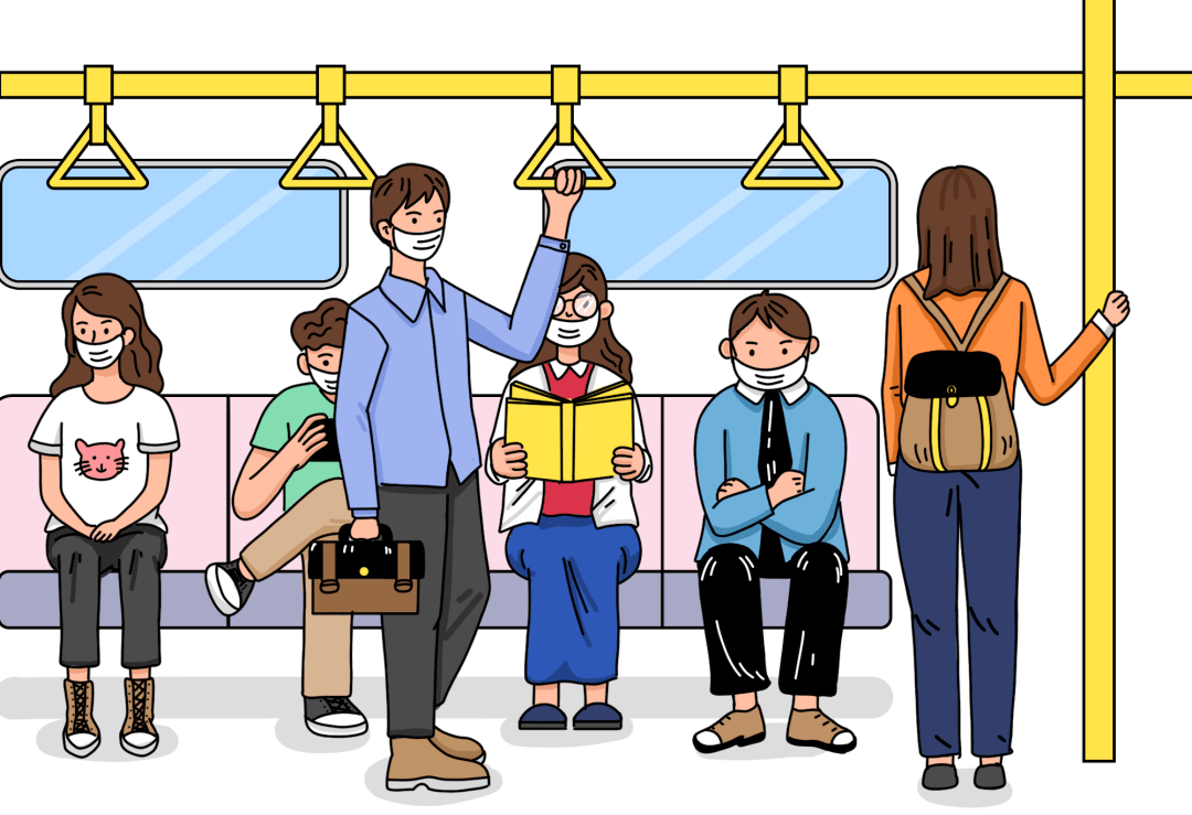 戴口罩.乘坐公共交通工具或在人群密集的场所应佩戴口罩.