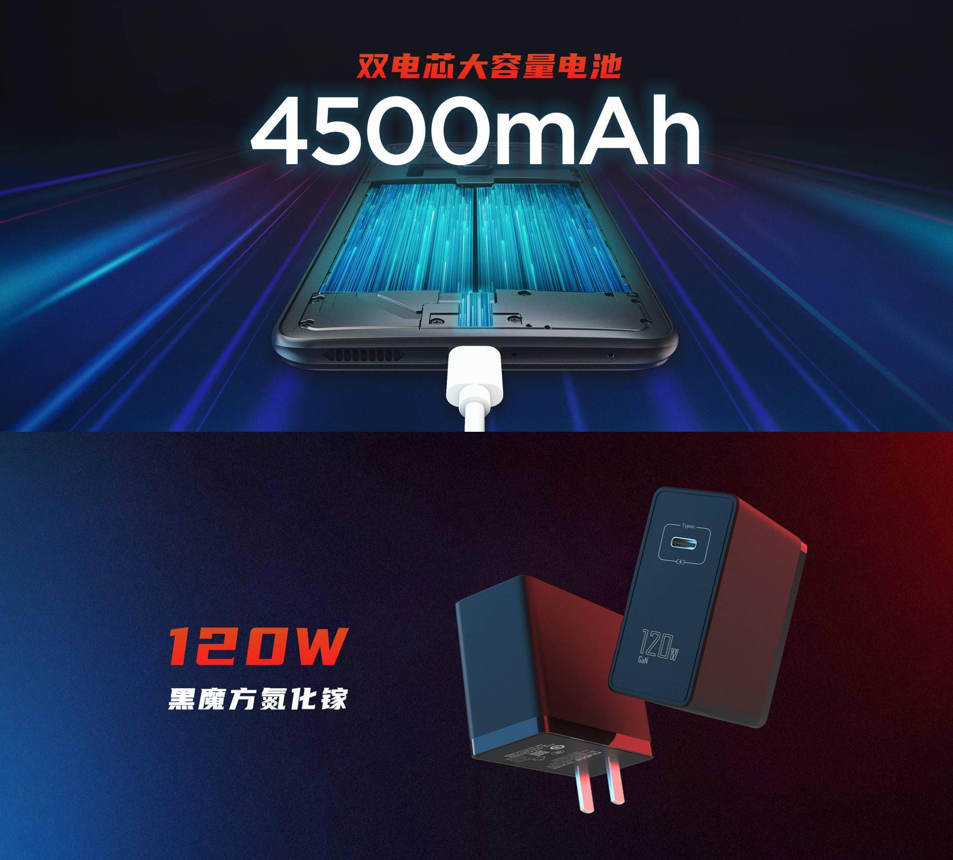 红魔6 预热:双电芯 4500mah,120w 氮化镓 c 口快充