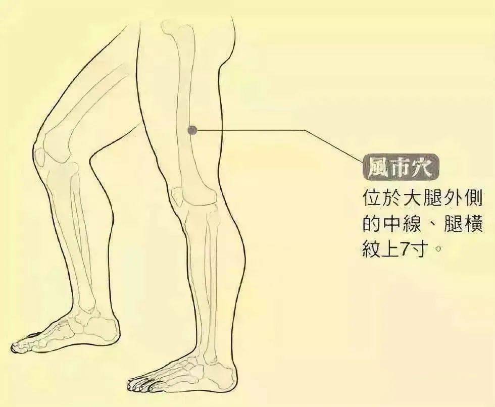 大腿的外侧,和阴包穴对称的,是胆经的风市穴,也是特别容易堵塞的.
