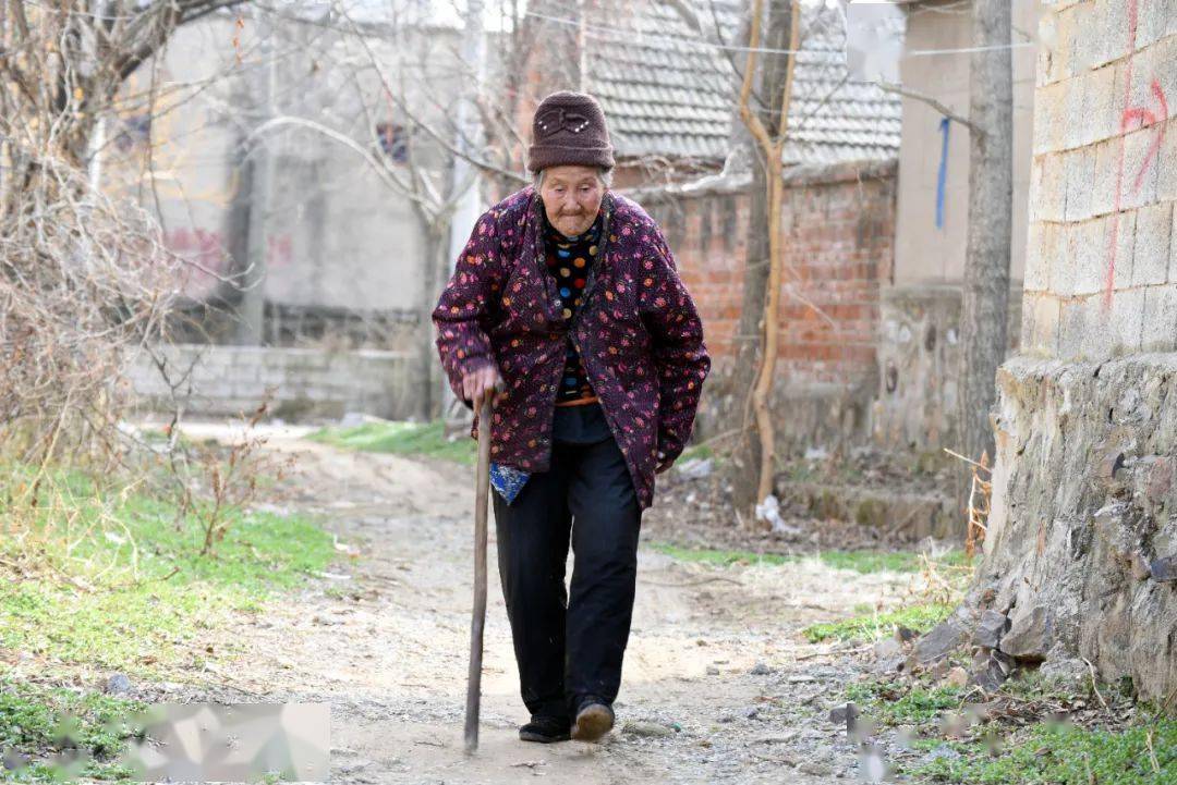 卢冯氏老人现年100岁,虽然步履蹒跚,但拄着拐棍还能串门拉呱.