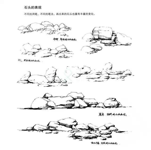 郭世平国画讲座:画石练笔系列:锦山石画法 石头的不同方式的线稿表现