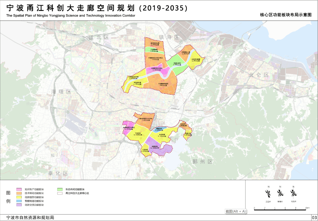 宁波甬江科创大走廊空间规划(2019-2035)核心区功能板块布局示意图