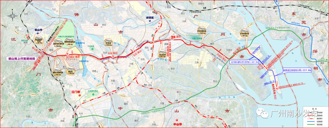 沿线在中山设黄圃站,东凤站,在佛山顺德设均安站,在江门设滨江新区站