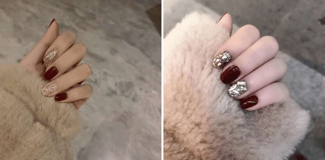 想要美甲的元素多一点,可以用水钻或者亮片来做  跳色款,bling bling