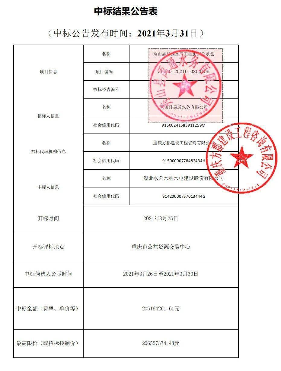 秀山县马西水库工程施工总承包的中标结果公告