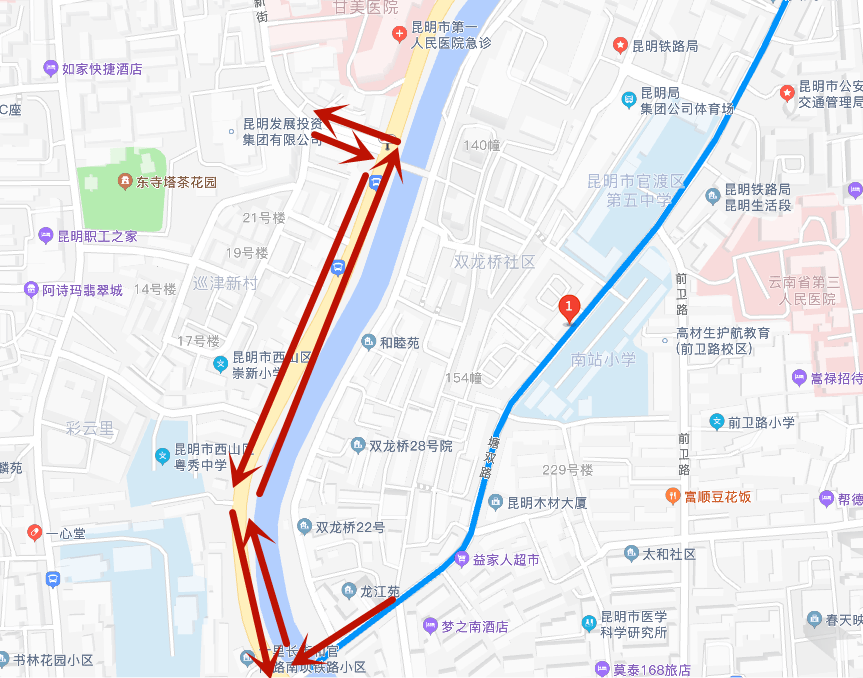 从 塘双路前行至前卫路路口左转进入,再右转驶入环城南路.