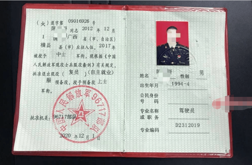 陈某买到的假"中国人民解放军士官退出现役证".