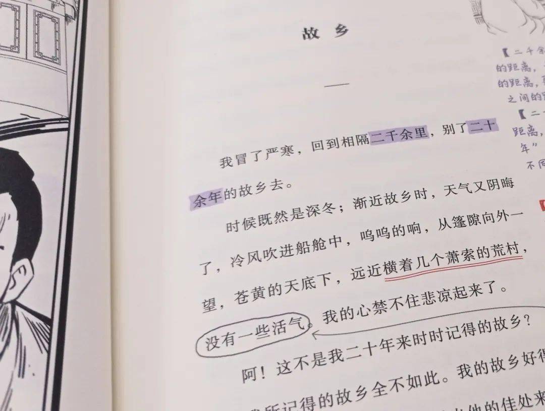 例如《故乡》的"二千余里"二十余年 书里不仅仅是解说,而是站在