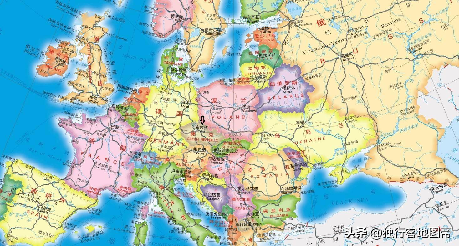 地图,先打到位于欧洲中部(不包括俄罗斯)的德国,德国东南角就是捷克