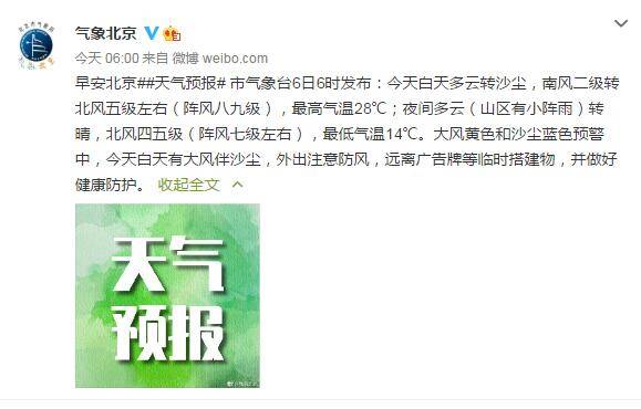 北京沙尘大风预警齐发！今日阵风达八九级