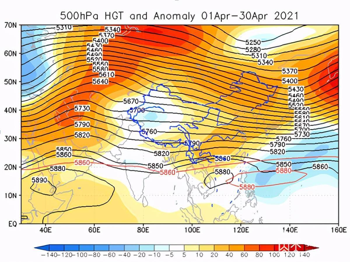 2021年4月500hpa高度场(等值线)及高度距平场(阴影)