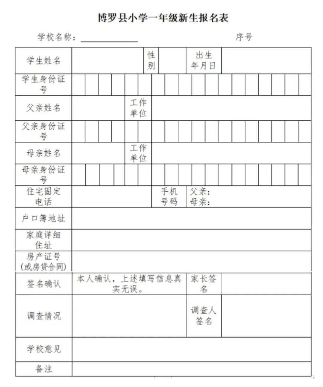 附件1:博罗县小学一年级新生报名表