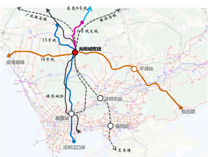 光明城枢纽 还将引入赣深高铁,深莞城际 城市轨道交通 13号线,18号线