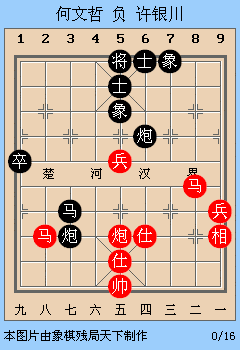 7. 兵五平六 后炮平1  8. 马九进八 马1退2 黑方夺马,子力占优,胜定.