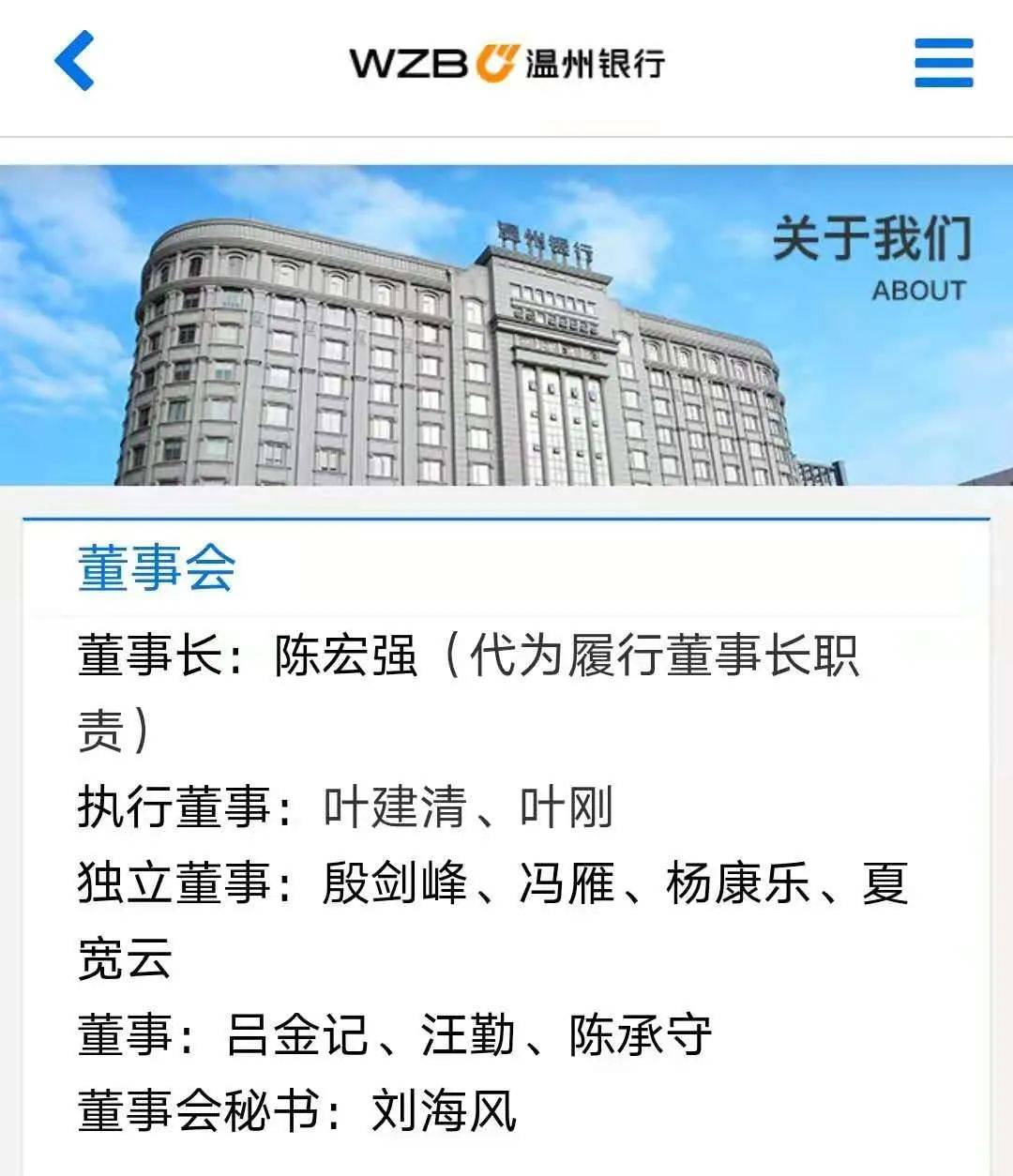 其中,温州银行董事长陈宏强(代为履行董事长职责),原董事长叶建清任