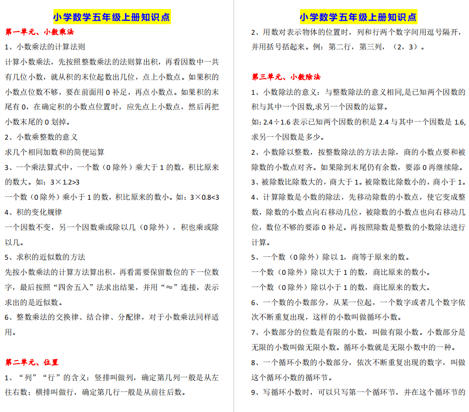 【暑假预习】小学数学五年级上册知识点总结,下载电子版,暑假预习必备