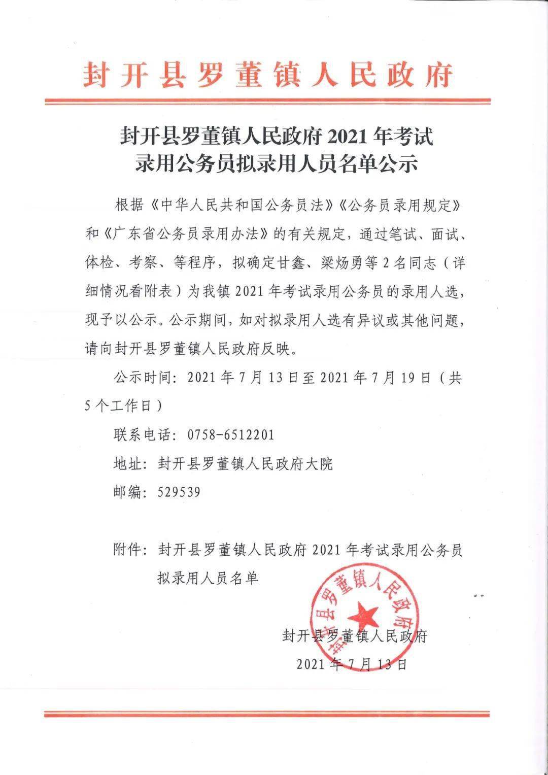 封开县罗董镇人民政府2021年考试录用公务员拟录用人员名单公示