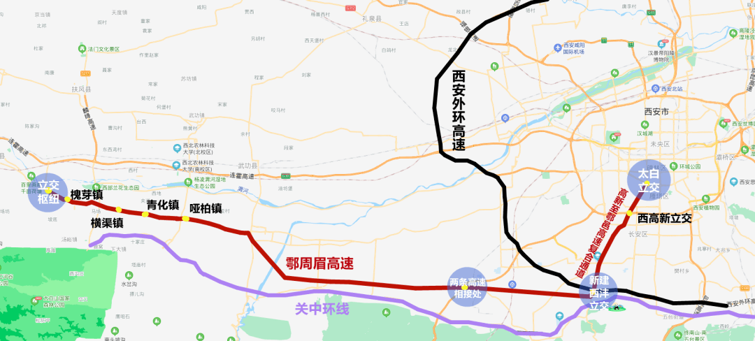 鄠周眉高速路线全长约 71.94km 双向六车道,不设隧道.