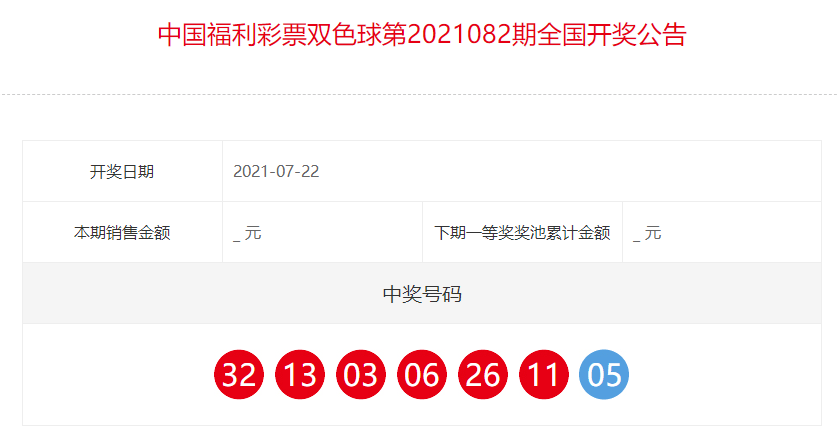 中国福利彩票双色球全国开奖公告(第2021082期)