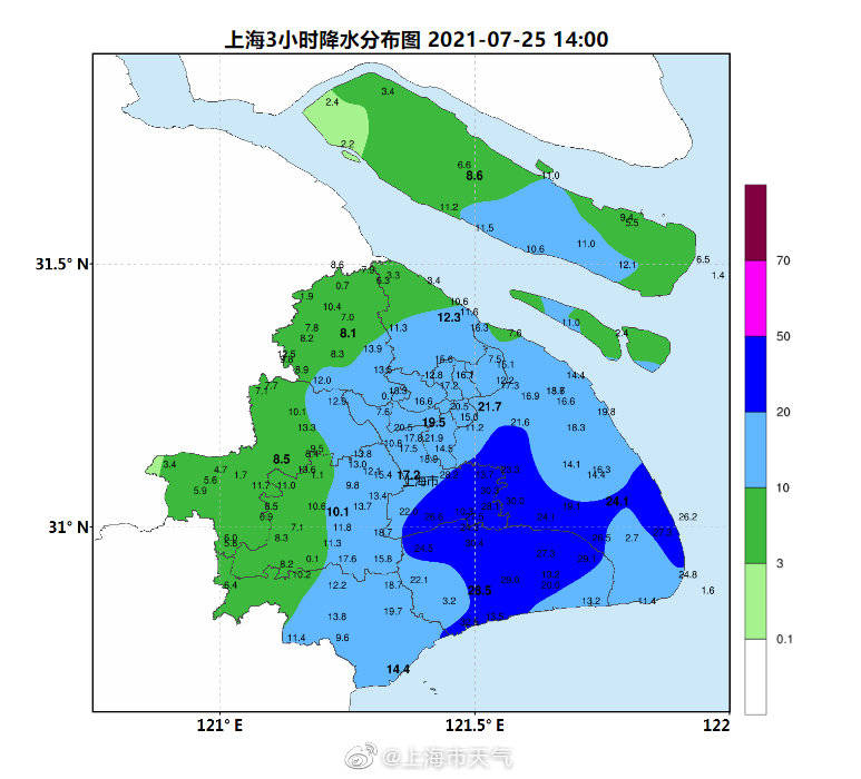 上海三小时降水分布图 图片来源:@上海天气