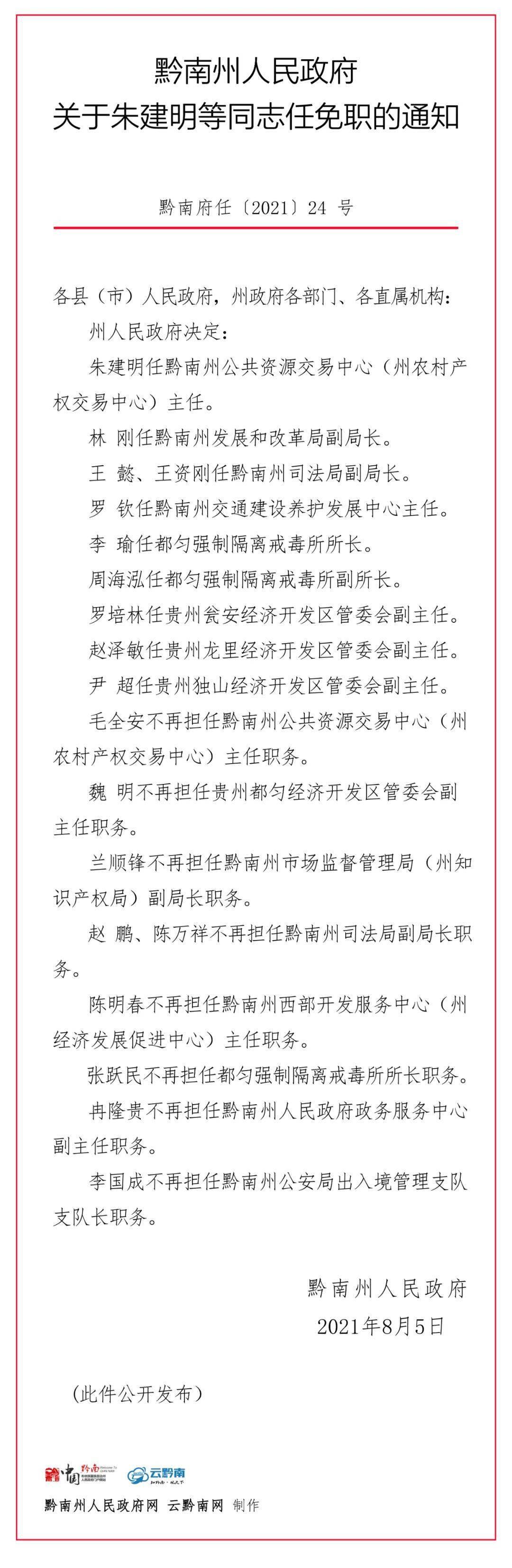 黔南州人民政府近期人事任免