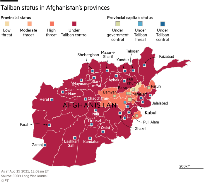塔利班(红色)与阿富汗政府军(黄色)的控制区域图.(图源:金融时报)
