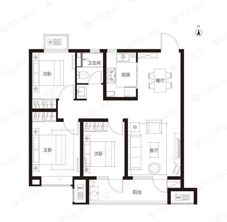 长安金茂悦建筑面积约95㎡三室两厅一卫户型图