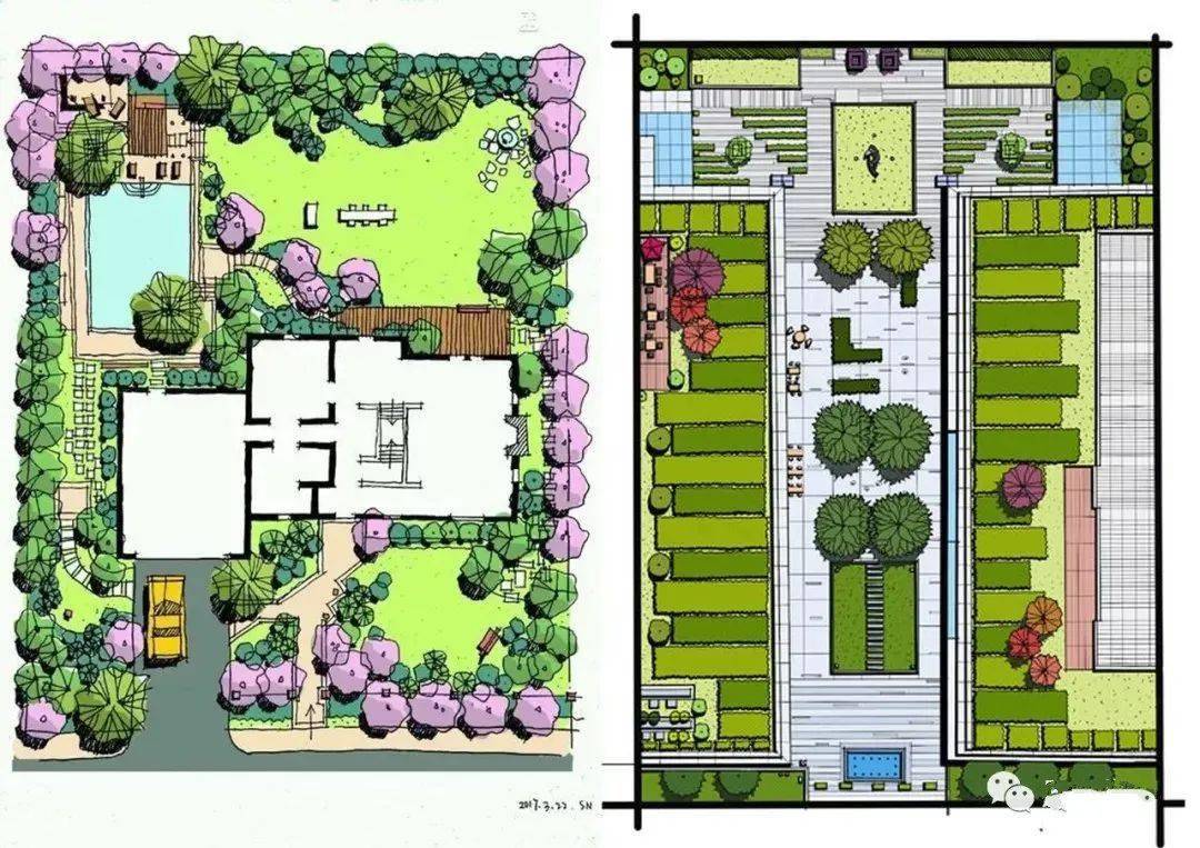 第一周 花园平面图归纳与总结 认识各类风格的庭院平面图; 拓展手绘