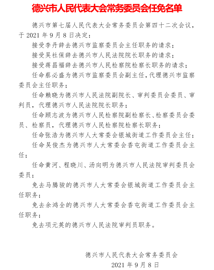 市七届人大常委会第四十二次会议召开并通过重要人事任免决定_德兴市