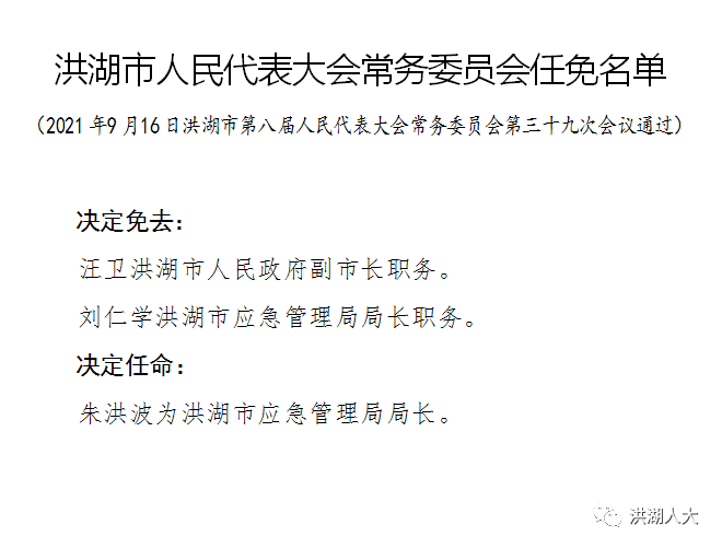 洪湖市人民代表大会常务委员会任免名单