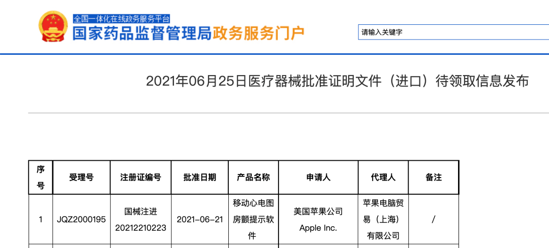 确认苹果公司获批中国医疗器械注册证