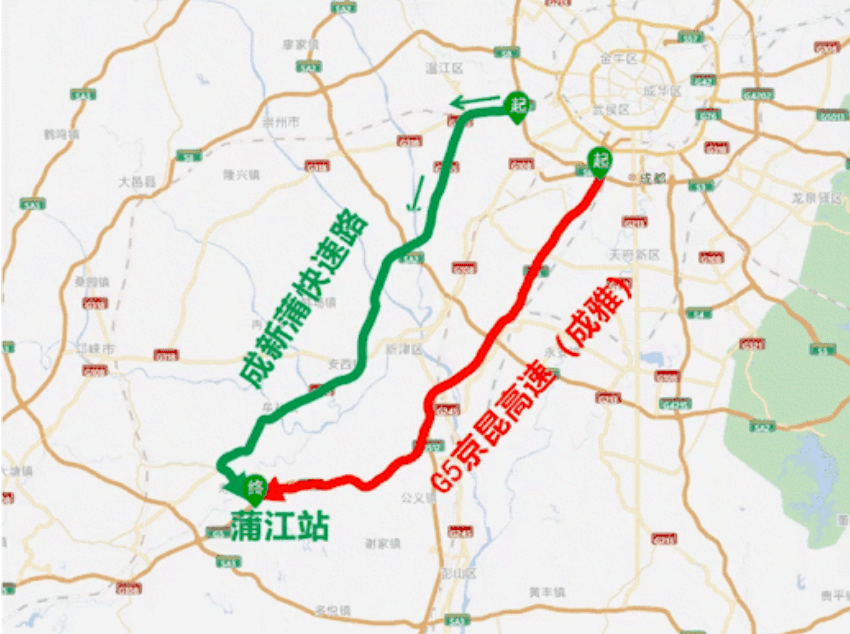 绕行蜀龙大道或成金青快速通道至青白江站,广汉站进入高速