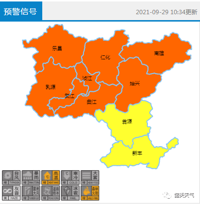 目前新丰,翁源高温黄色预警信号 其余地区高温橙色预警信号持续生效