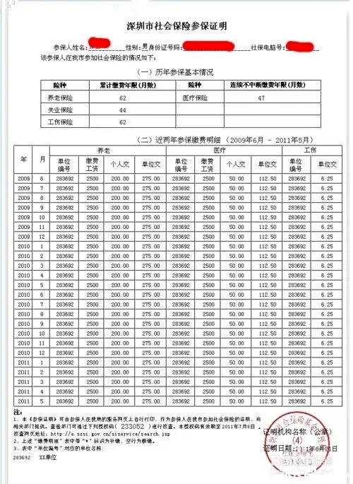 《深圳市社会保险历年缴费明细表《深圳市社会保险参保证明》