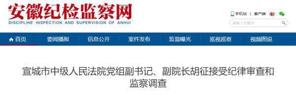 宣城市中级人民法院党组副,副院长胡征涉嫌严重违纪违法目前正在