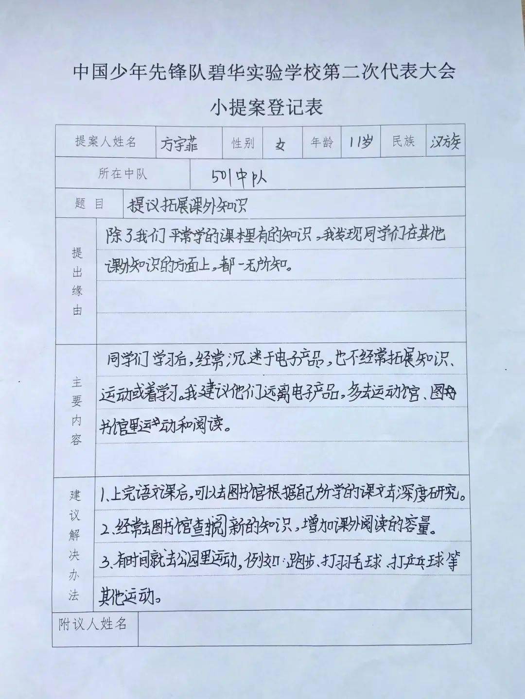 一个个提案反映了少先队员们对学校的观察和思考,展现了少代会小代表