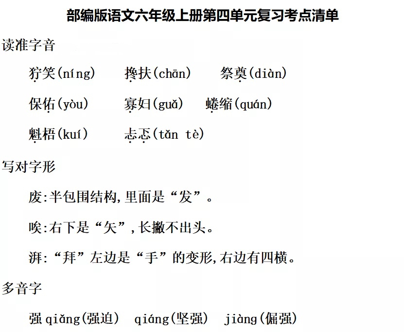 期中复习统编版语文六年级14单元核心考点清单