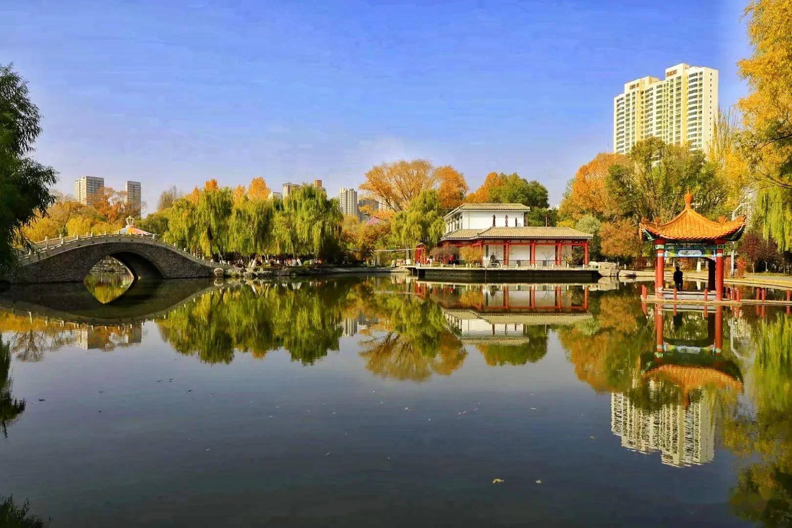 秋天的西宁人民公园就像一幅美丽的画卷充满诗情画意真美