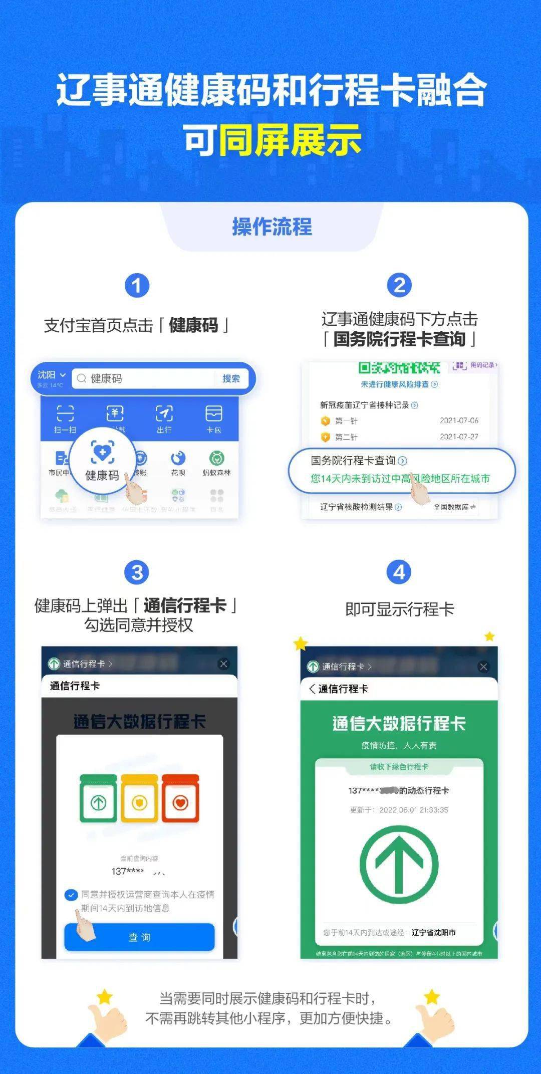 打开微信辽事通小程序或支付宝首页点击健康码★"国务院行程卡查询"