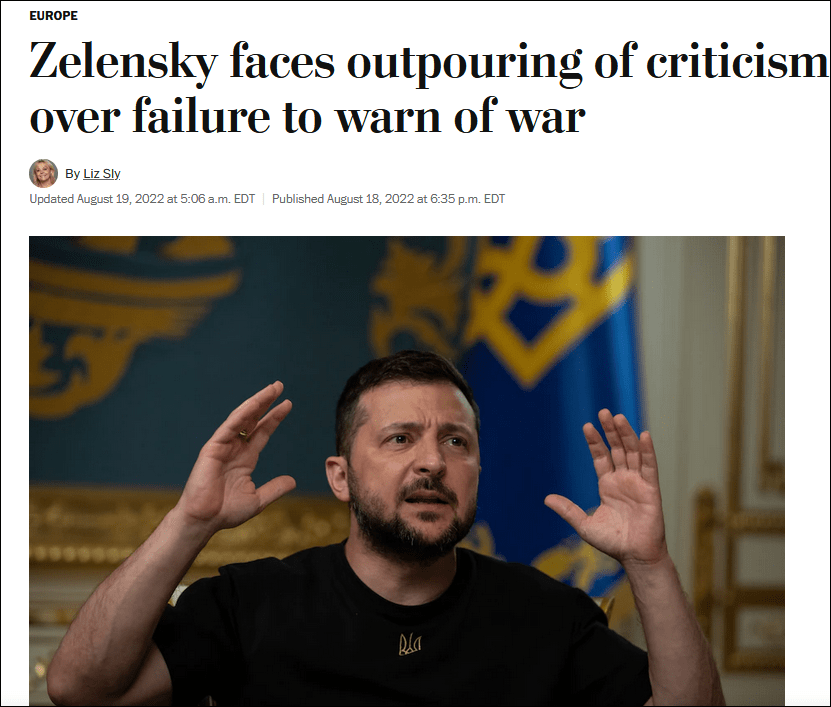 美媒：因向公众隐瞒冲突可能爆发的情报，泽连斯基遭受乌克兰国内猛烈批评