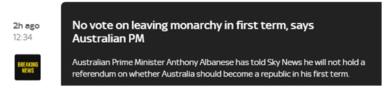 伊丽莎白二世去世后澳将脱离君主制？澳总理：第一任期不考虑公投