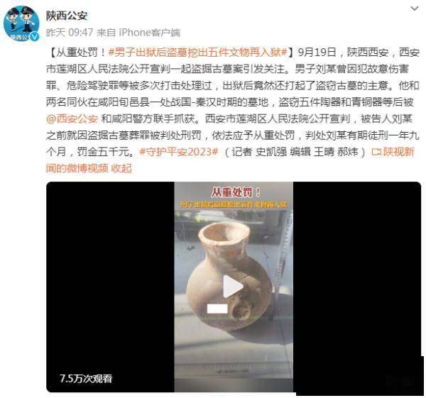 从重处罚！男子出狱后盗墓挖出五件文物再入狱