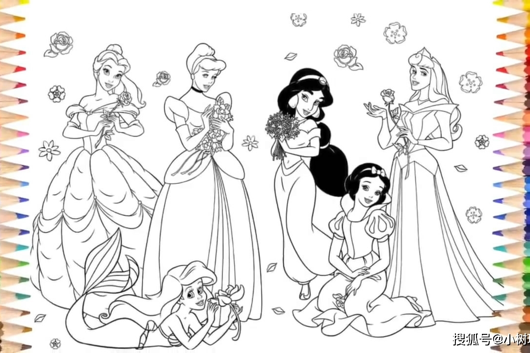 哇!6位迪士尼公主都好美呀,一起来给她们上个色吧!