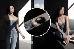 倪妮穿牛仔抹胸套装 光影中尽显飒爽英姿