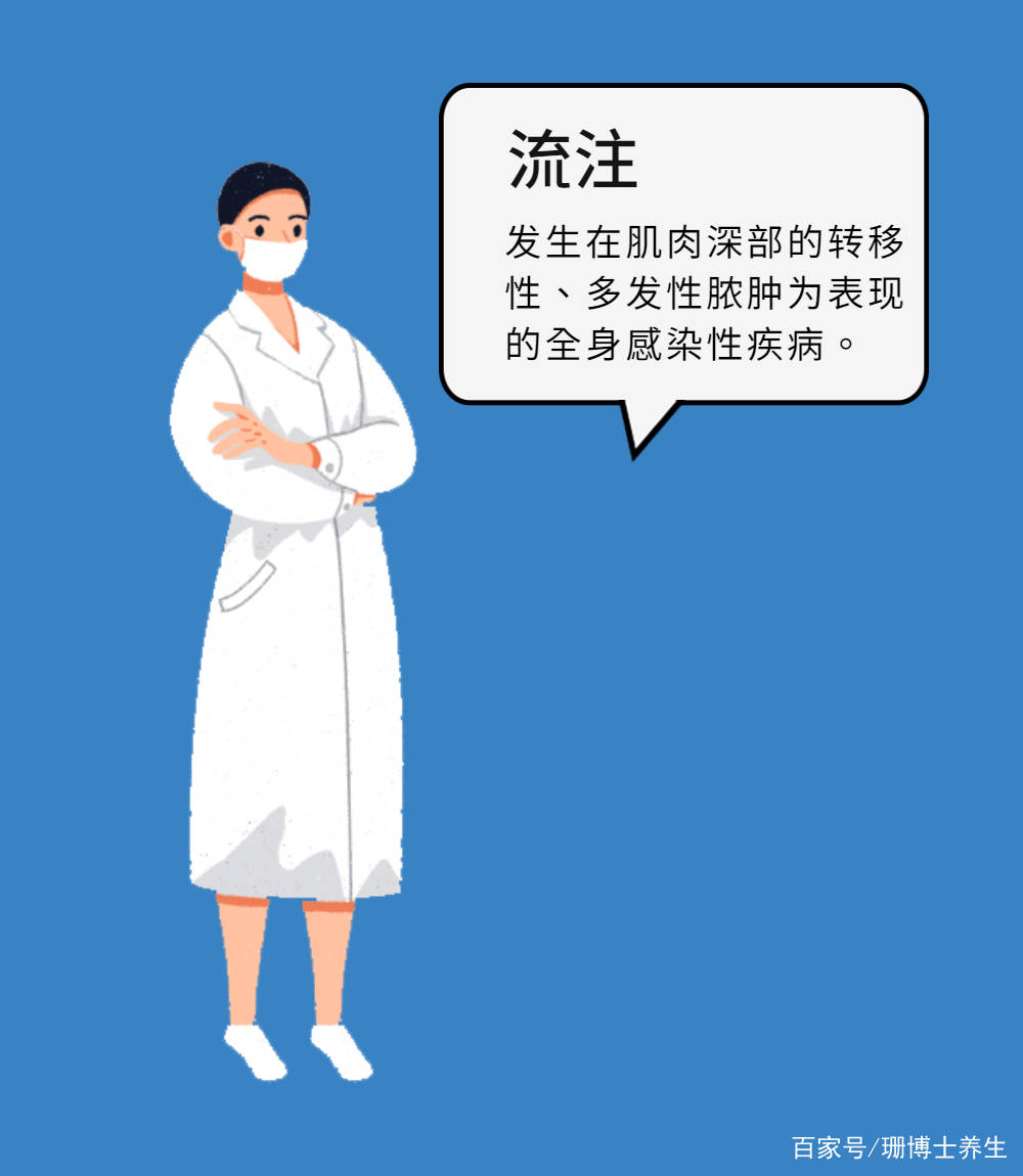 发生在肌肉深部的转移性,多发性脓肿为表现的全身感染性疾病流注接着