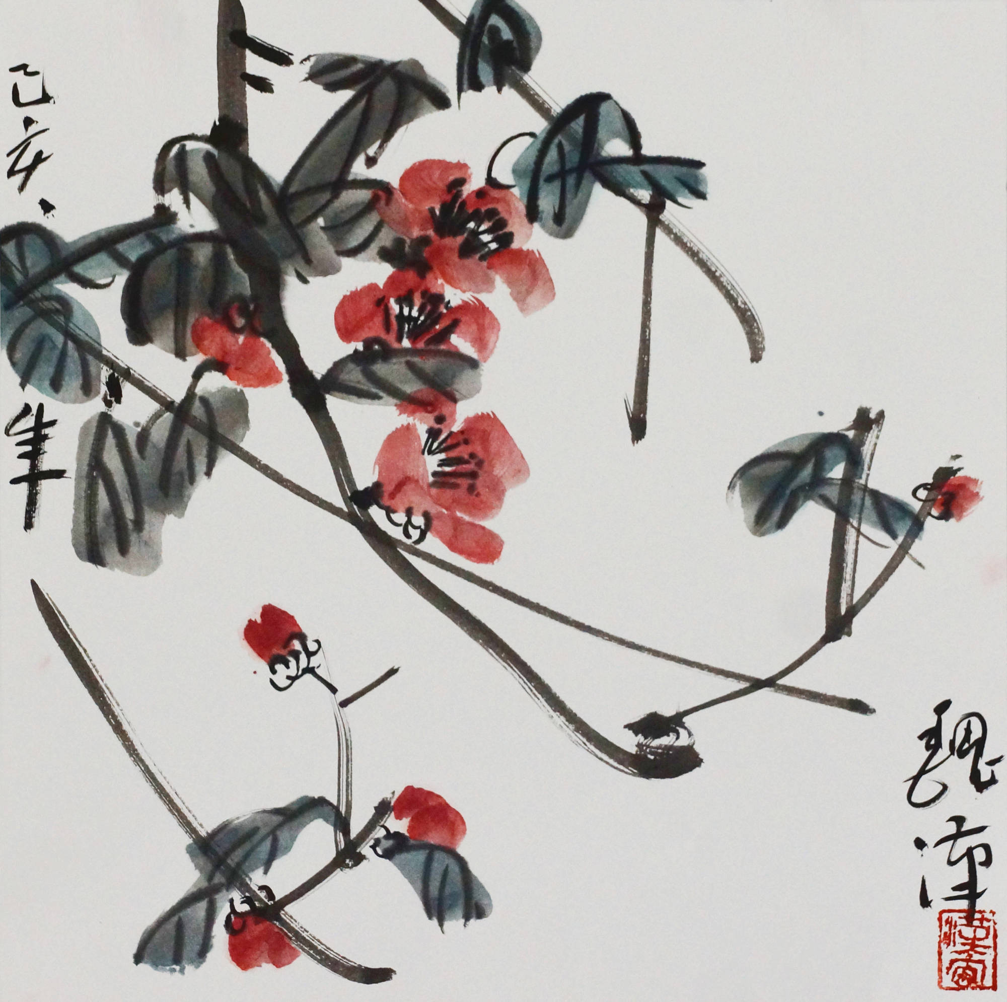 《茶花映雪图》58 cmx58 cm