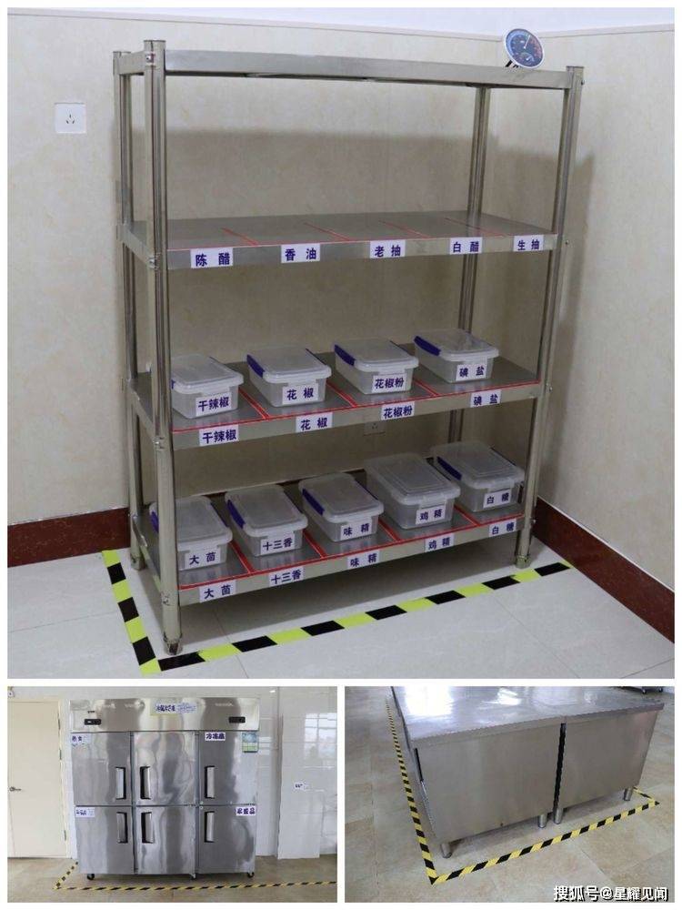 用红,绿,蓝颜色将用具进行标注,刀具,菜板按照加工食品的种类分类.