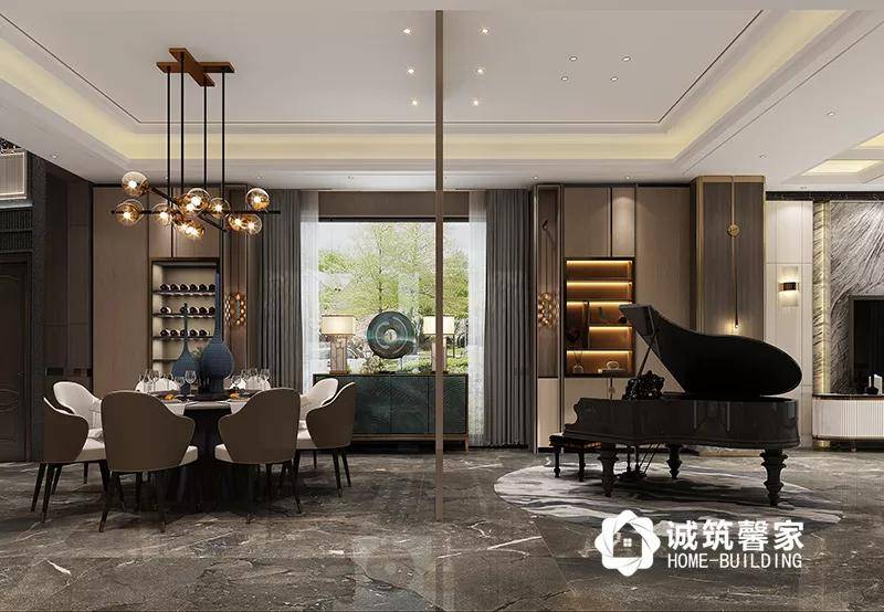 一层客厅,使用大面积石材,与家具相呼应,搭配中式九宫格吊顶.