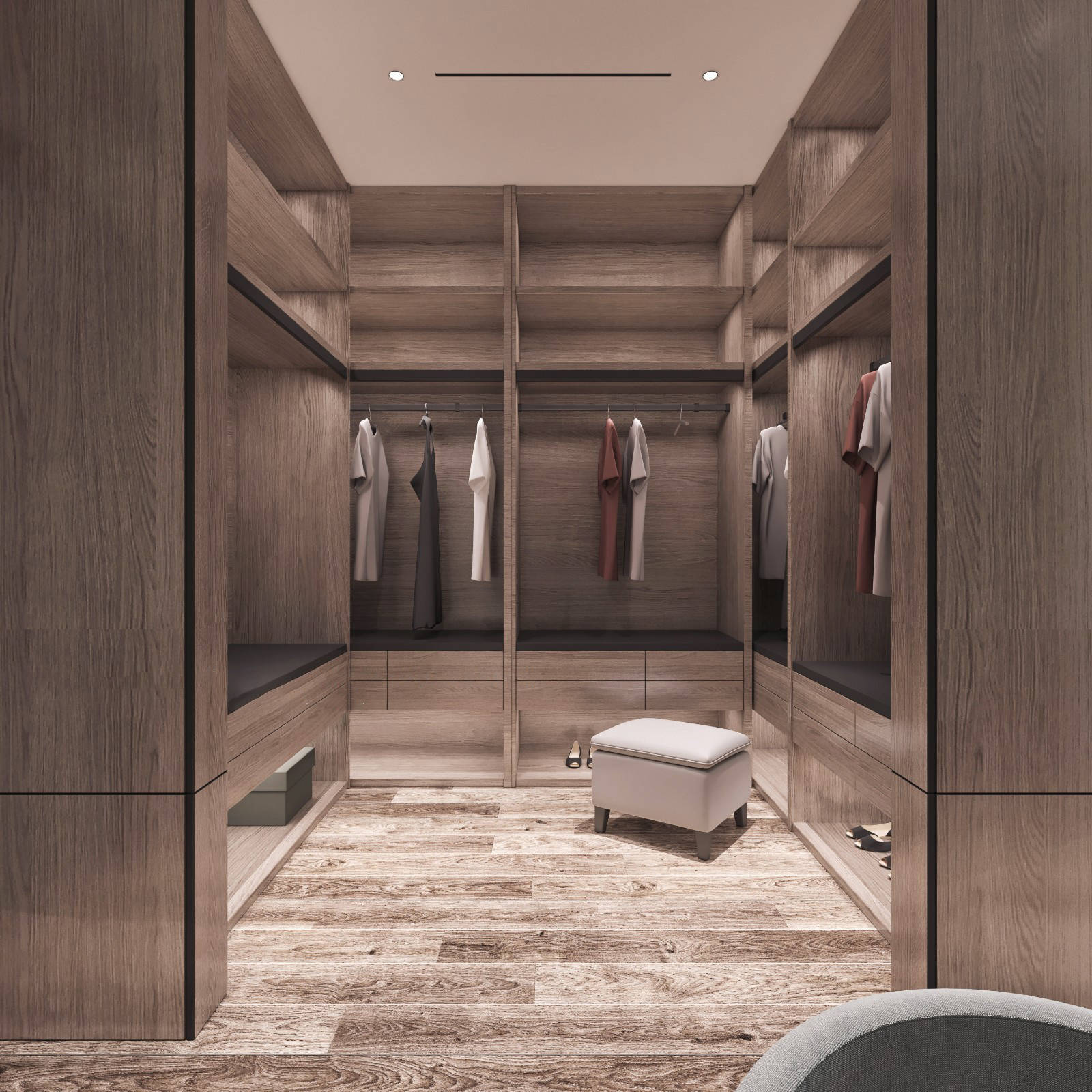 过道一边充分利用做整体柜子,放置了一张化妆桌,与衣帽间相对应 u